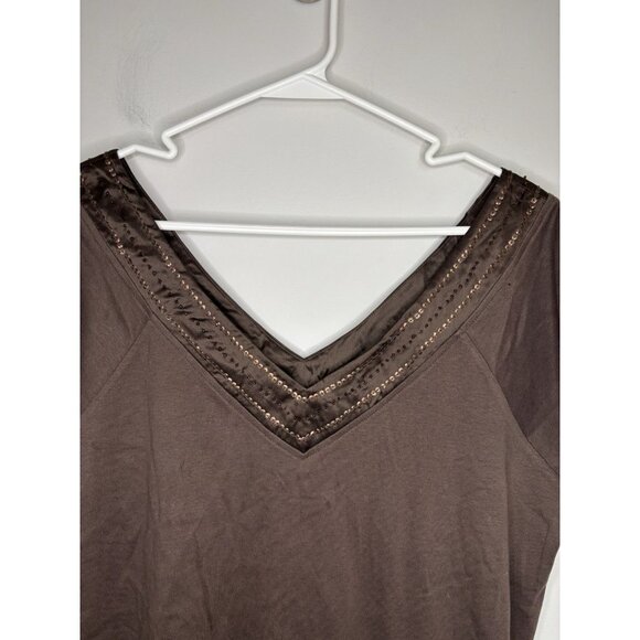 VENEZIA NEW Embellished Short Slv Tee Womens 14/16 Brown Sequins V-Neck - Picture 3 of 5